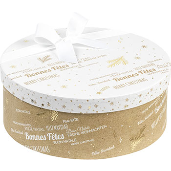 Boîte coffret carton rond blanc/dorure à chaud or Bonnes fêtes 25.5 cm