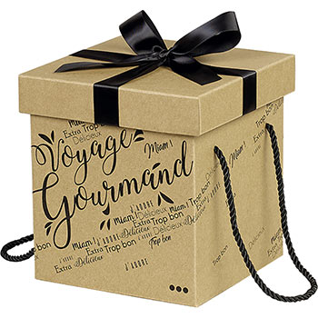 Boîte Coffret carton kraft carré Voyage Gourmand noir noeud satin/cordelettes 18cm