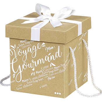 Boîte Coffret carton kraft carré Voyage Gourmand blanc noeud satin/cordelettes 18cm