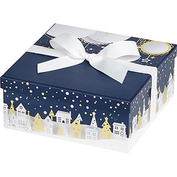 Boîte coffret carton carré bleu/blanc/dorure à chaud Bonnes fêtes ruban noeud blanc 16cm