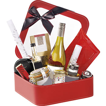 Boîte cadeau coffret carton carré rouge vitrine avec noeud satin noir 29.2cm