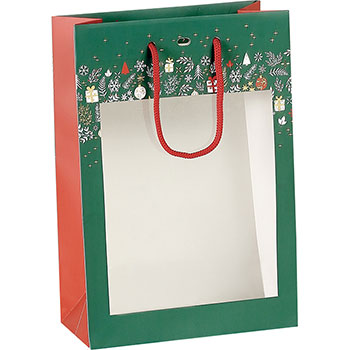 Sac papier décor Bonnes Fêtes vert/rouge/dorure or fenêtre PVC 17 cm