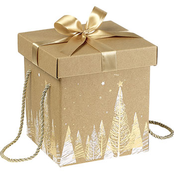 Boîte Coffret carton kraft carré décor sapins or/blanc noeud satin 18 CM