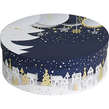 Boîte coffret carton rond bleu/blanc/or Bonnes fêtes 33.5cm