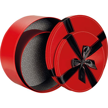 Boîte cadeau coffret carton rond rouge avec noeud satin noir D = 25.5cm