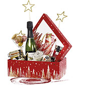 Boîte coffret carton rectangle rouge/blanc/dorure à chaud or fenêtre décor Bonnes fêtes 31,5cm